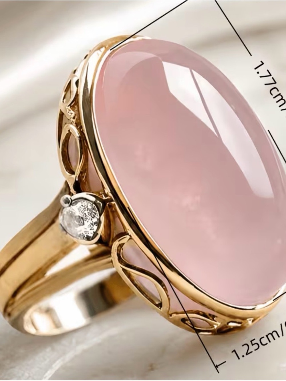 Vintage KC Gold Plated Oval Rose Quartz Cabochon Cocktail Ring Size 8 - Picture 4 of 4